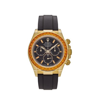 Rolex Daytona 116588saco Yellow Gold Orange Sapphire Bezel Black Diamond Dial