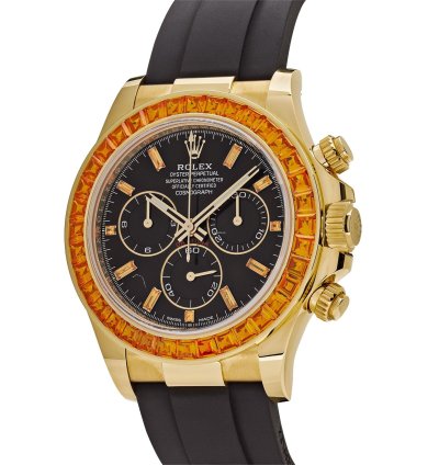 Rolex Daytona 116588saco Yellow Gold Orange Sapphire Bezel Black Diamond Dial