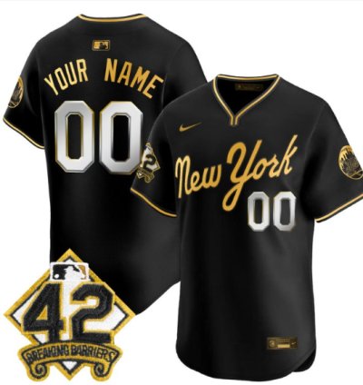 Custom New York Mets Jersey 2025 Jackie Robinson Patch Road Alternate Stitched Black Gold
