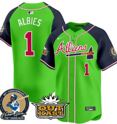 Ozzie Albies Jersey 1 Atlanta Braves Atliens Hank Aaron Patch Limited Stitched Green Alternate