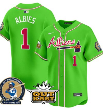 Ozzie Albies Jersey 1 Atlanta Braves Atliens Hank Aaron Patch Limited Stitched Bright Green