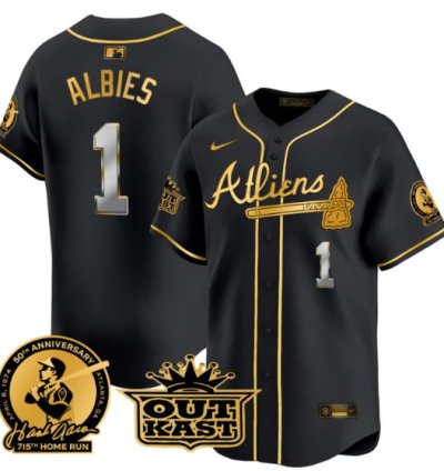 Ozzie Albies Jersey 1 Atlanta Braves Atliens Hank Aaron Patch Limited Stitched Black Gold