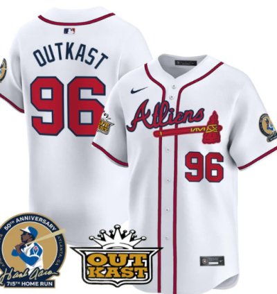Outkast Jersey 96 Atlanta Braves Atliens Hank Aaron Patch Limited Stitched White