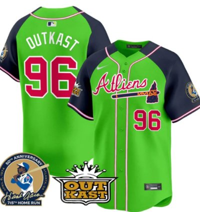 Outkast Jersey 96 Atlanta Braves Atliens Hank Aaron Patch Limited Stitched Green Alternate
