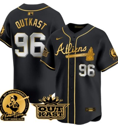 Outkast Jersey 96 Atlanta Braves Atliens Hank Aaron Patch Limited Stitched Black Gold
