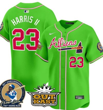 Michael Harris Ii Jersey 23 Atlanta Braves Atliens Hank Aaron Patch Limited Stitched Bright Green