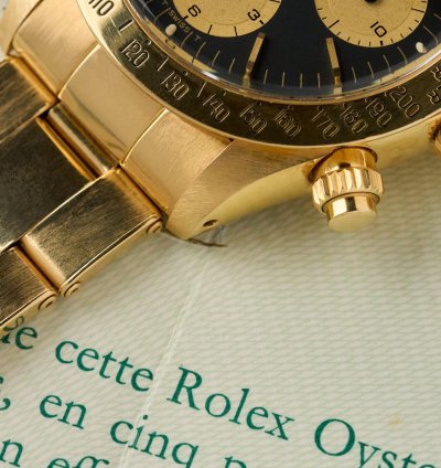 Rolex Daytona 6265 - 18k Yellow Gold - Black Dial - Rolex Punched Warranty