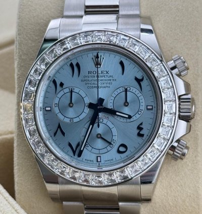 Rolex Daytona Arabic Ice Blue Dial Bugguatte Diamond Bezel Open Caseback New Reference