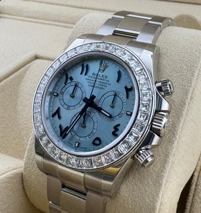 Rolex Daytona Arabic Ice Blue Dial Bugguatte Diamond Bezel Open Caseback New Reference