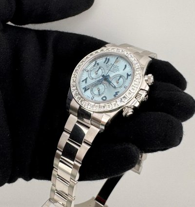 Rolex Daytona Arabic Ice Blue Dial Bugguatte Diamond Bezel Open Caseback New Reference