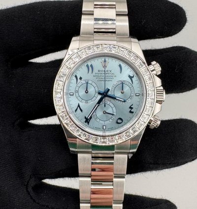 Rolex Daytona Arabic Ice Blue Dial Bugguatte Diamond Bezel Open Caseback New Reference