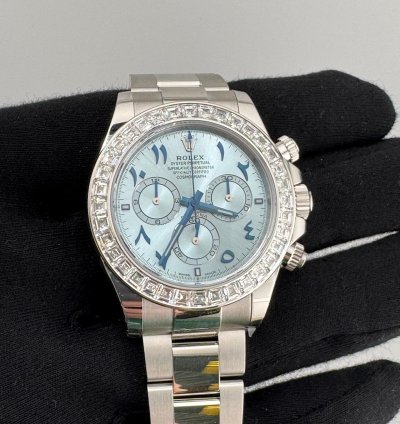 Rolex Daytona Arabic Ice Blue Dial Bugguatte Diamond Bezel Open Caseback New Reference
