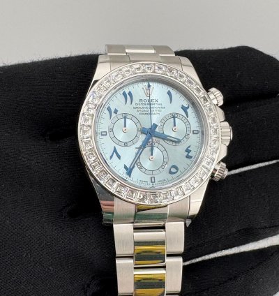 Rolex Daytona Arabic Ice Blue Dial Bugguatte Diamond Bezel Open Caseback New Reference