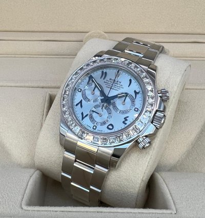 Rolex Daytona Baguette Diamond Bezel Iceblue Arabic Dial