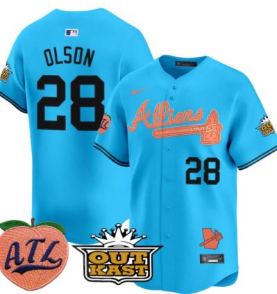 Matt Olson Jersey 28 Atlanta Braves Atliens Peach Vapor Premier Limited Stitched Light Blue