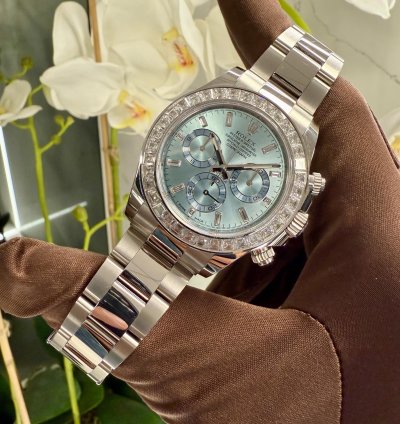 Rolex Daytona Platinum Daytona Factory Set Baguette Diamonds Ice Blue Dial 2023