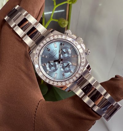 Rolex Daytona Platinum Daytona Factory Set Baguette Diamonds Ice Blue Dial 2023