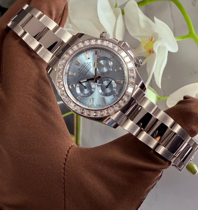 Rolex Daytona Platinum Daytona Factory Set Baguette Diamonds Ice Blue Dial 2023