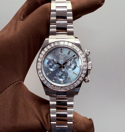 Rolex Daytona Platinum Daytona Factory Set Baguette Diamonds Ice Blue Dial 2023
