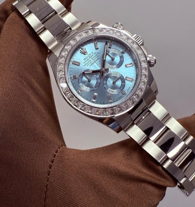 Rolex Daytona Platinum Daytona Factory Set Baguette Diamonds Ice Blue Dial 2023