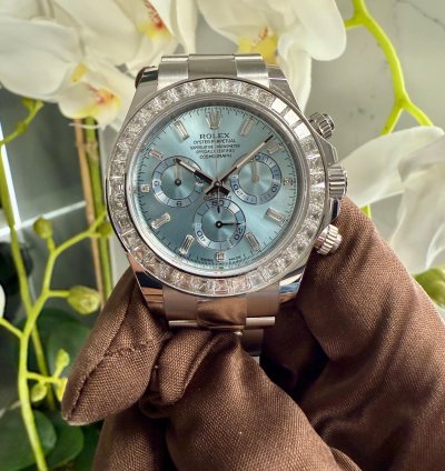 Rolex Daytona Platinum Daytona Factory Set Baguette Diamonds Ice Blue Dial 2023
