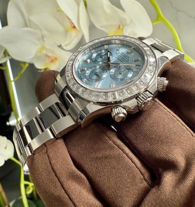 Rolex Daytona Platinum Daytona Factory Set Baguette Diamonds Ice Blue Dial 2023