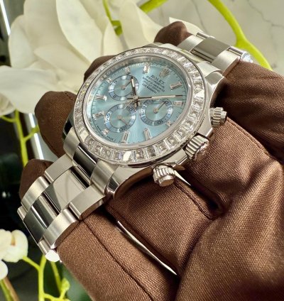 Rolex Daytona Platinum Daytona Factory Set Baguette Diamonds Ice Blue Dial 2023