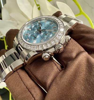 Rolex Daytona Platinum Daytona Factory Set Baguette Diamonds Ice Blue Dial 2023
