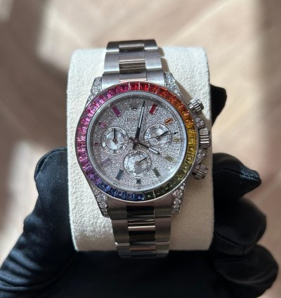 Rolex Daytona Rainbow 2022 Rolex Daytona White Gold Pave Dial Raindbow Bezel