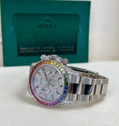 Rolex Daytona Rainbow 2022 Rolex Daytona White Gold Pave Dial Raindbow Bezel