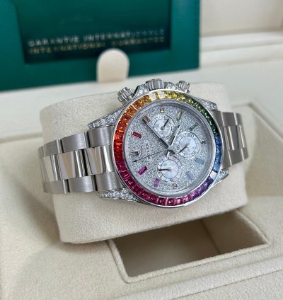 Rolex Daytona Rainbow 2022 Rolex Daytona White Gold Pave Dial Raindbow Bezel