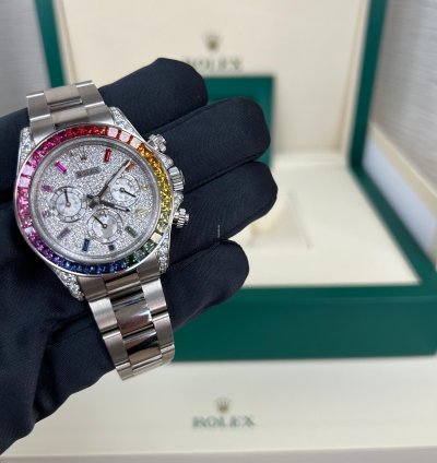 Rolex Daytona Rainbow 2022 Rolex Daytona White Gold Pave Dial Raindbow Bezel