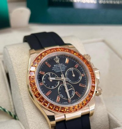 Rolex Daytona Yellow Gold Orange Sapphire Bezel Black Dial 116588saco