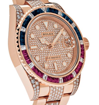 Rolex Gmt-master Ii 126755saru Rose Gold Sapphire And Ruby Diamond Pave