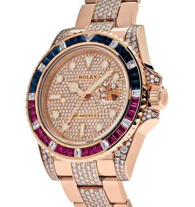 Rolex Gmt-master Ii 126755saru Rose Gold Sapphire And Ruby Diamond Pave