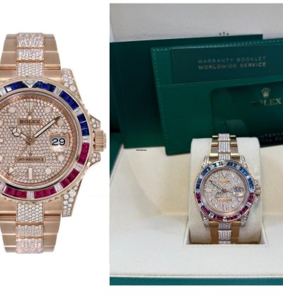 Rolex Gmt-master Ii Everose Gold Full Diamond Paved Dial Bracelet Sapphire Ruby