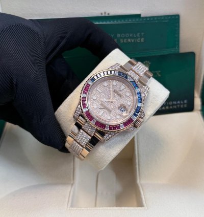 Rolex Gmt-master Ii Everose Gold Full Diamond Paved Dial Bracelet Sapphire Ruby