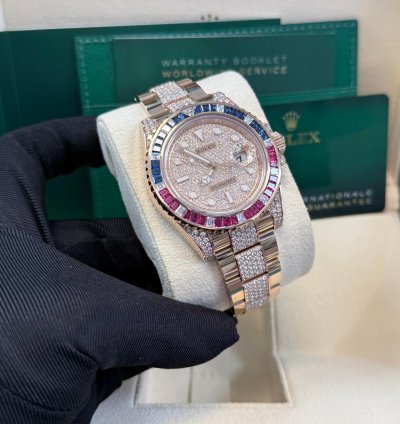Rolex Gmt-master Ii Everose Gold Full Diamond Paved Dial Bracelet Sapphire Ruby