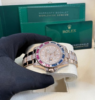 Rolex Gmt-master Ii Everose Gold Full Diamond Paved Dial Bracelet Sapphire Ruby