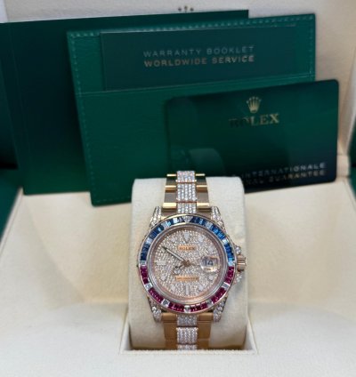 Rolex Gmt-master Ii Everose Gold Full Diamond Paved Dial Bracelet Sapphire Ruby