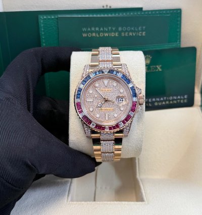 Rolex Gmt-master Ii Everose Gold Full Diamond Paved Dial Bracelet Sapphire Ruby