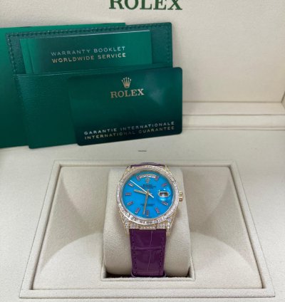 Rolex Day-date 128458tbr Purple Strap Blue Dial Factory Diamonds