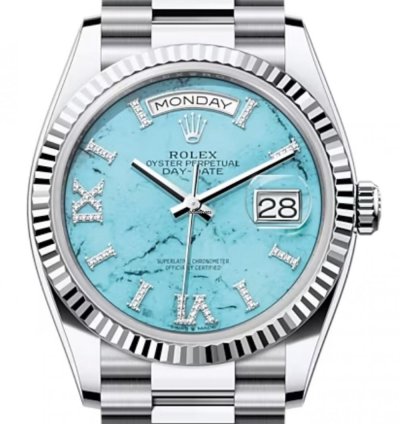 Rolex Day-date 36 128236 36mm Platinum Bracelet Turquoise Diamond Dial Unworn 2023