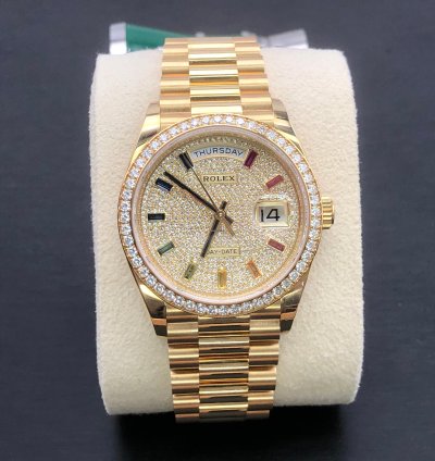 Rolex Day-date 36 Diamond Pav Rainbow Dial Yellow Gold President Diamond Bezel