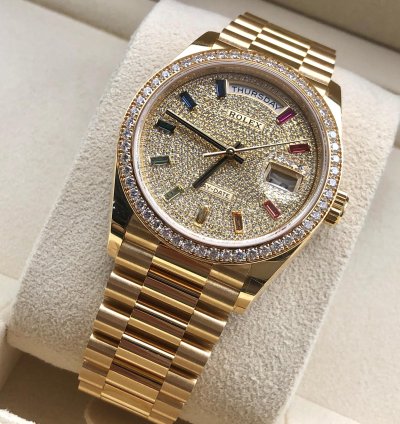 Rolex Day-date 36 Diamond Pav Rainbow Dial Yellow Gold President Diamond Bezel