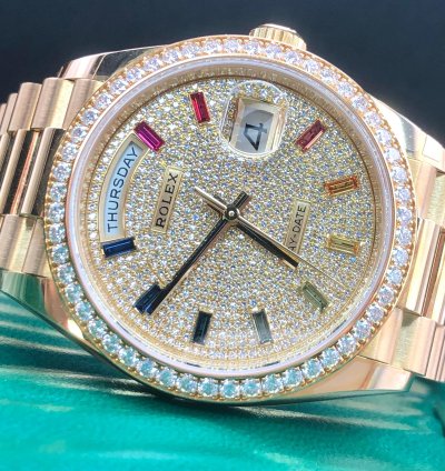 Rolex Day-date 36 Diamond Pav Rainbow Dial Yellow Gold President Diamond Bezel