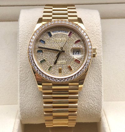 Rolex Day-date 36 Diamond Pav Rainbow Dial Yellow Gold President Diamond Bezel