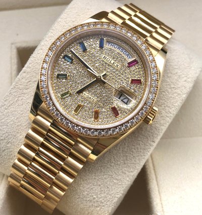 Rolex Day-date 36 Diamond Pav Rainbow Dial Yellow Gold President Diamond Bezel