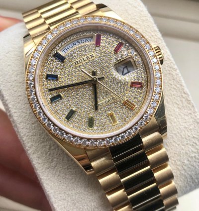 Rolex Day-date 36 Diamond Pav Rainbow Dial Yellow Gold President Diamond Bezel