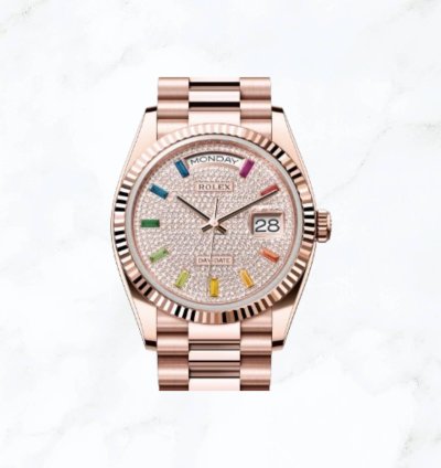 Rolex Day-date 36 Everose Gold Rainbow Pave Diamond Dial 128235 new Unworn